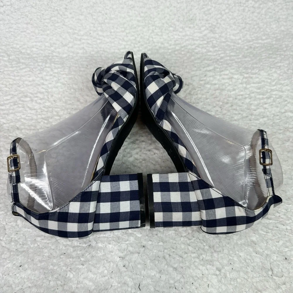 Betsey Johnson Ivee Gingham Bow Block Heel Sandals Navy White Size 7 Ankle Strap - Picture 6 of 10